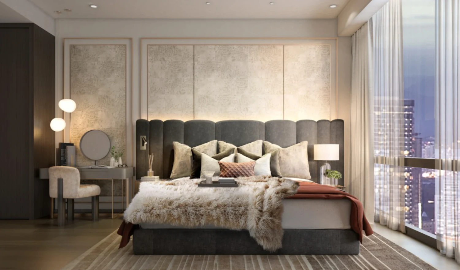 Master bedroom suite with floor to ceiling windows and skyline view