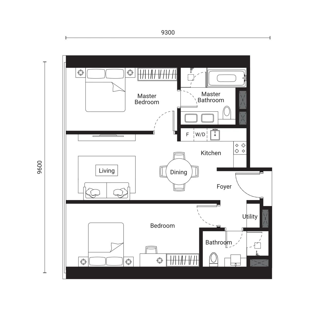 Type D 2 bedroom floor plan, SO/ KL Residences