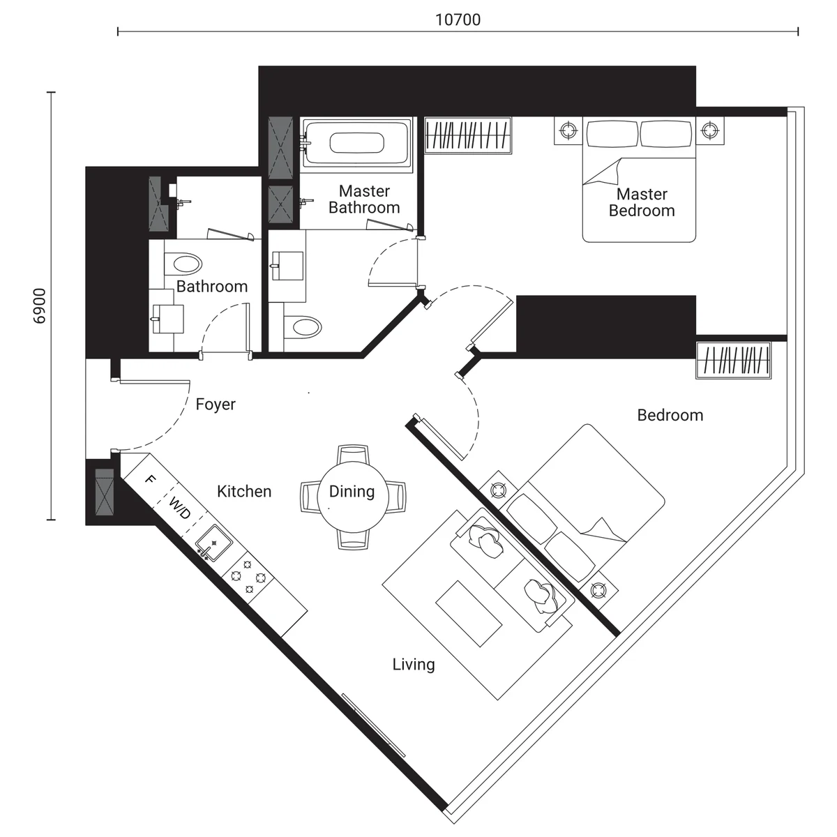 Type D4 2 bedroom corner floor plan with faceted facade, SO/ KL Residences