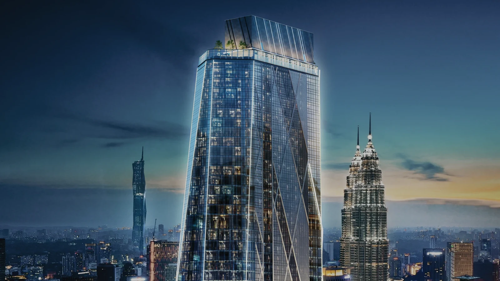 SO/ KL Residences faceted glass tower at dusk beside the Petronas Twin Towers, Jalan Ampang Kuala Lumpur