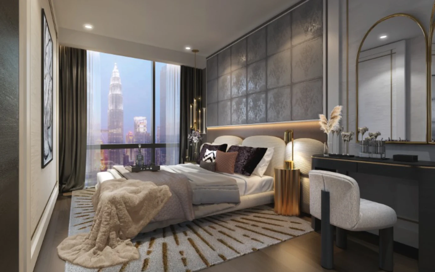 Lounge seating with floor to ceiling skyline windows
